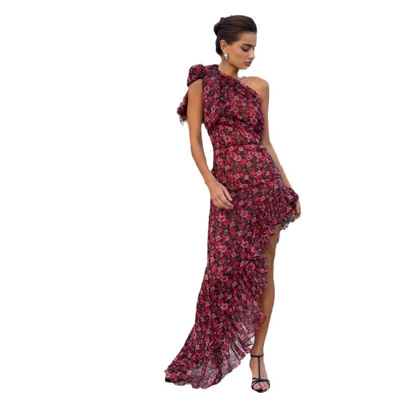 AliExpress Foreign Trade European and American Women's Clothing 2024 New Diagonal Collar Sexy Split Floral Ruffle Lace Dress Women