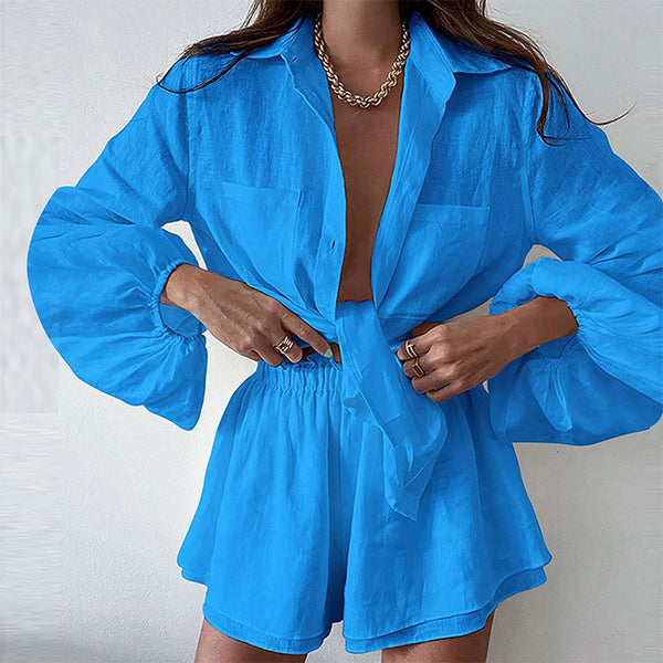 2026 Amazon European and American Cross-border Women's Casual Solid Color Ruffled Shorts Shirt Fashion Set Women's Two-Piece Set
