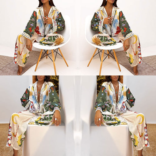 Cross-border European and American Clothing 2026 Suit New Casual Print V-Neck Shirt Wide-Leg Pants Women's Spring Suit Women's Spring Suit Women