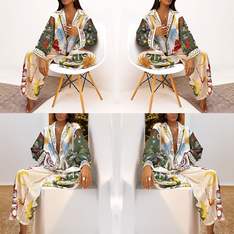 Cross-border European and American Clothing 2026 Suit New Casual Print V-Neck Shirt Wide-Leg Pants Women's Spring Suit Women's Spring Suit Women