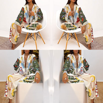 Cross-border European and American Clothing 2026 Suit New Casual Print V-Neck Shirt Wide-Leg Pants Women's Spring Suit Women's Spring Suit Women