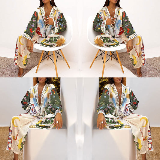 Cross-border European and American Clothing 2026 Suit New Casual Print V-Neck Shirt Wide-Leg Pants Women's Spring Suit Women's Spring Suit Women