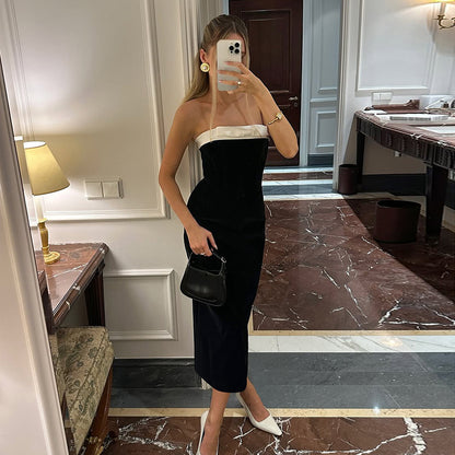 2025 spring and summer new products, cross-border European and beautiful clothing, black and white stitching, sexy slim fit, hip-hugging bandeau dress