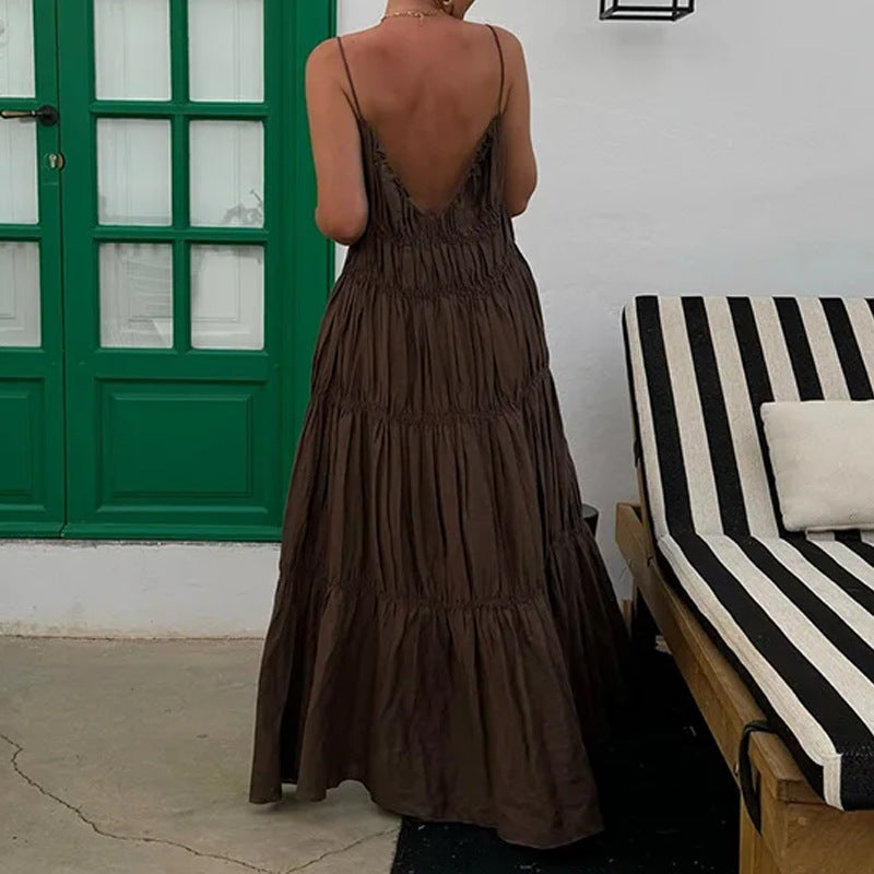 2025 independent station new cross-border European and American women's clothing temperament elegant and fashionable solid color casual suspender long dress