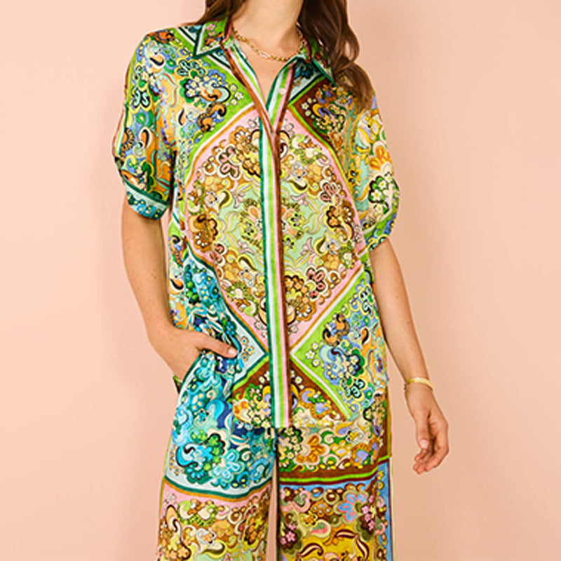 2025 cross-border Amazon women's clothing hot sale European and American AliExpress floral print lace-up short sleeve fashion suit women