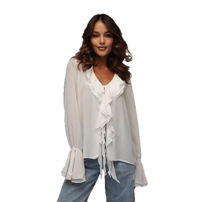 2025 Spring New Cross-border European and American Women's Wear Temperament Solid Color V-Neck Flare Long Sleeve Ruffle Loose Shirt Women