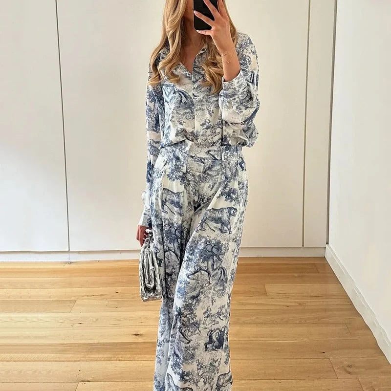 Spring 2026 new cross-border European and American clothing loose printed long-sleeved shirt trousers casual fashion suit