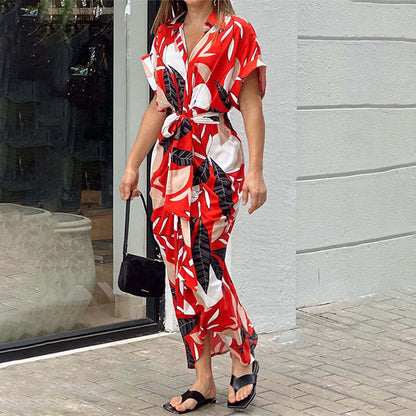 Foreign Trade 2026 Amazon INS European and American Cross-border Women's Printed Lapel Short Sleeve High Waist Long Shirt Dress
