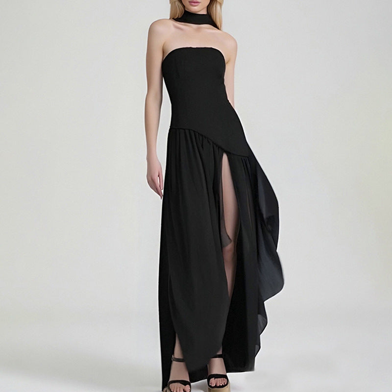 2025 European and American cross-border women's bandeau solid color slit dress fashion sexy backless high slit long skirt new style