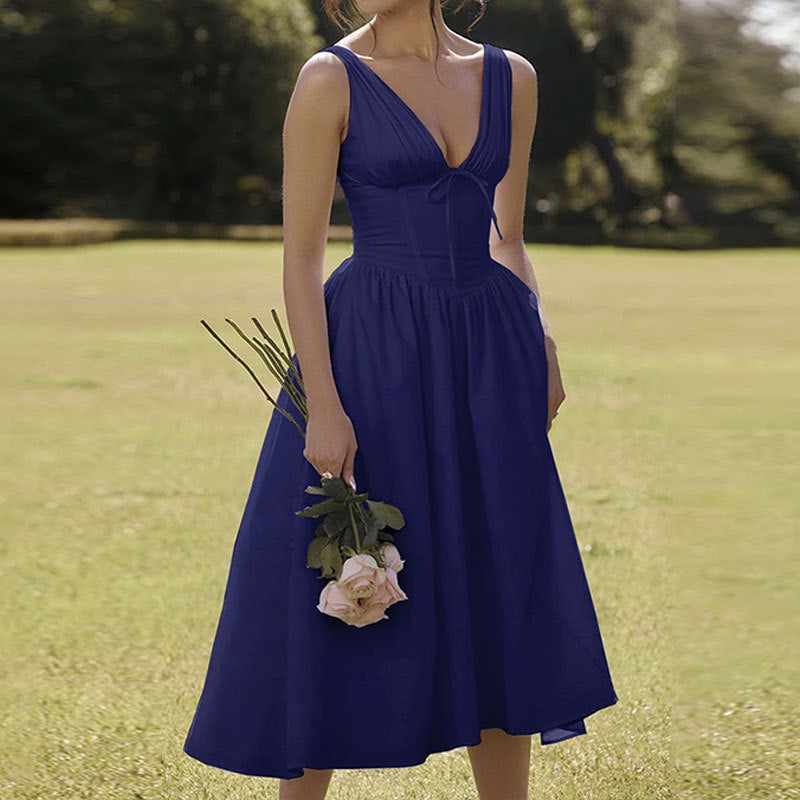 Amazon 2025 European and American women's summer new temperament commuter solid color V-neck sundress midi dress