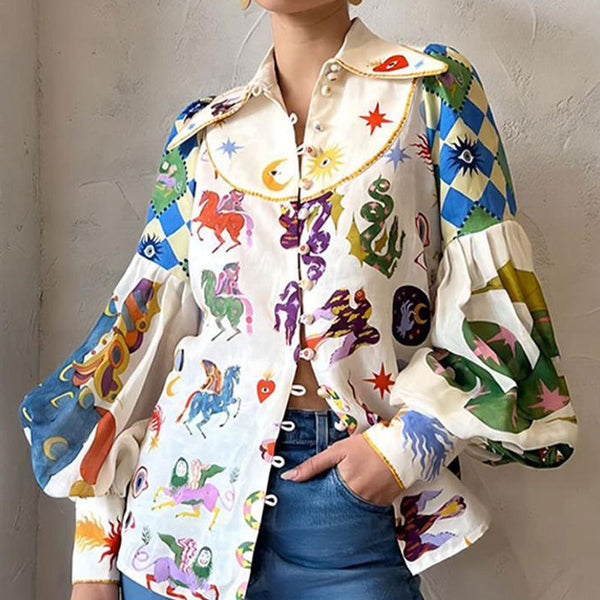 2026 spring new cross-border European and American fashion printed lapels single-breasted lantern sleeve shirt top women