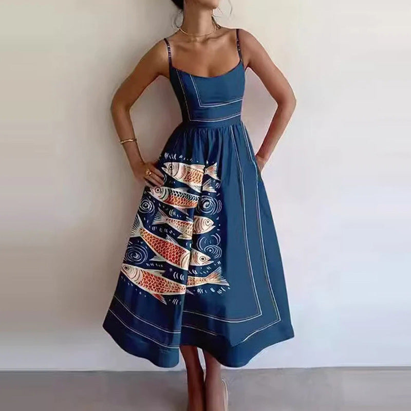 Amazon's new cross-border European and American fashion print pleated waist slip dress for spring 2026