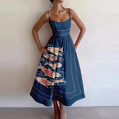 Amazon's new cross-border European and American fashion print pleated waist slip dress for spring 2026