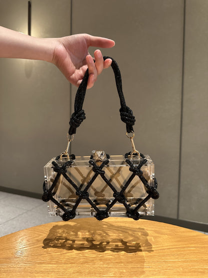 Saco de caixa de acrílico transparente brilhante e inflexível transfronteiriço Jantar tecido à mão saco das axilas de moda de alta qualidade