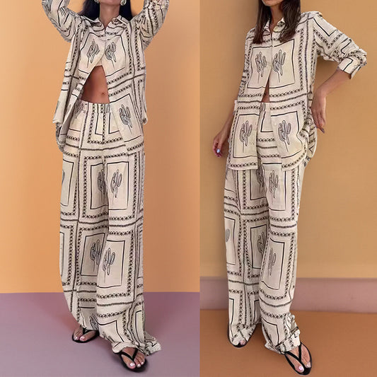 Cross-border spring 2026 new European and American style women's clothing temperament long-sleeved printed shirt loungewear fashion women's suit