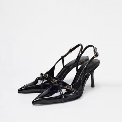 ZA2025 verão nova fivela preta com sandálias pontiagudas para mulheres estilo britânico slotted fivela salto alto para mulheres