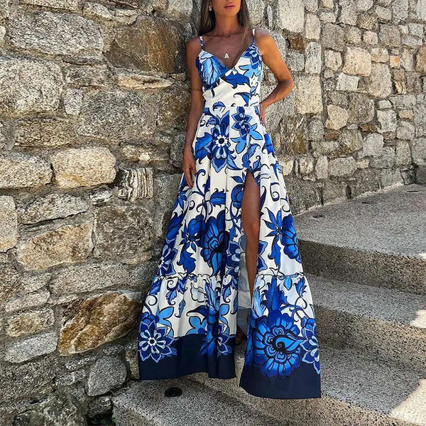 2025 Spring Amazon European and American Women's Casual Fashion Printed V-Neck Suspenders Stitched Slit Swing Dress