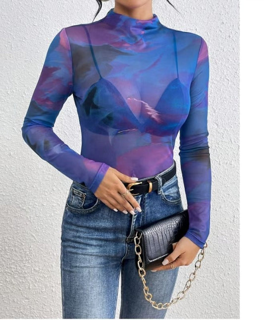 Cross-border 2025 spring and autumn new niche design slim long-sleeved top spliced with gradient color sexy long-sleeved top thin