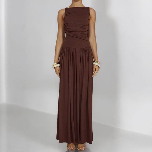 2026 Spring New European and American Cross-border Dress Fashionable Temperament Solid Color Slim Pleated Pleated Dress