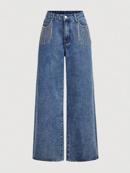 European and American Trade TK Bestselling Women's Pants, High-Waist Heavy-Duty Fashionable Rhinestone Design Long Jeans Women Jeans