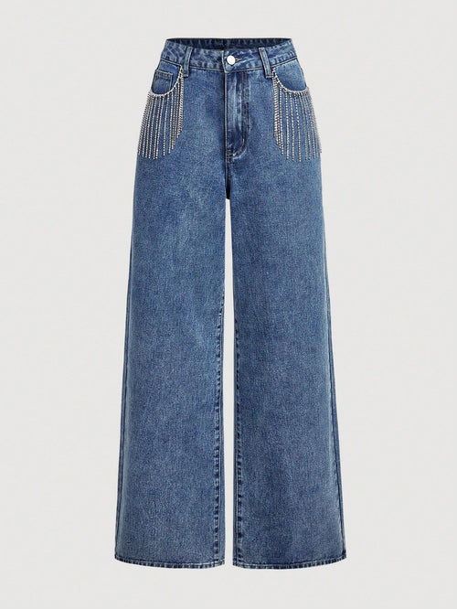 European and American Trade TK Bestselling Women's Pants, High-Waist Heavy-Duty Fashionable Rhinestone Design Long Jeans Women Jeans