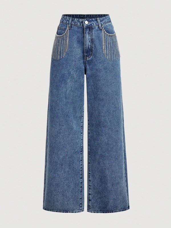 European and American Trade TK Bestselling Women's Pants, High-Waist Heavy-Duty Fashionable Rhinestone Design Long Jeans Women Jeans