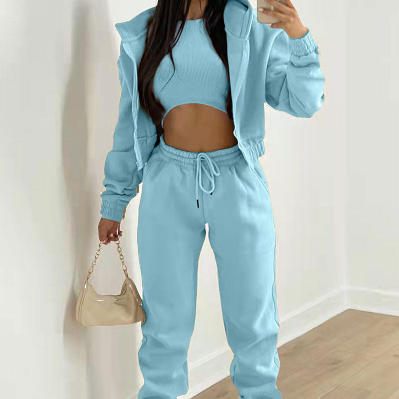 2026 Spring New Cross-border Women's AliExpress Solid Color Simple Hooded Sweatshirt Sports Leisure Pants Three-Piece Set
