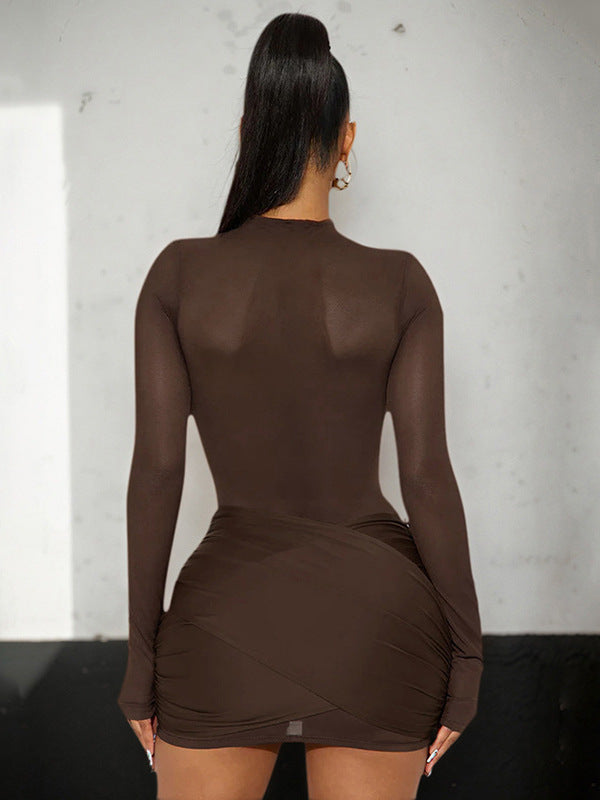 Cross-border new European and American style women's solid color crew neck long sleeve mesh splicing sexy see-through hip wrapping dress for women - view 2 | Ciaura