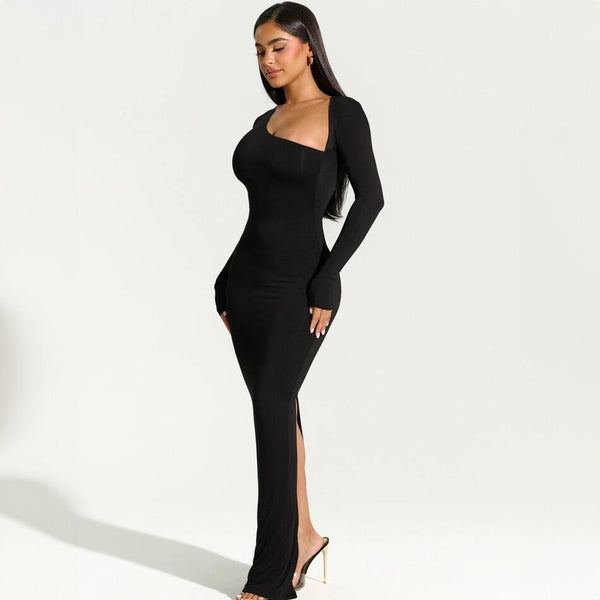Amazon cross-border foreign trade 2023 autumn new European and American women's long-sleeved slanted collar trim slit fashion dress