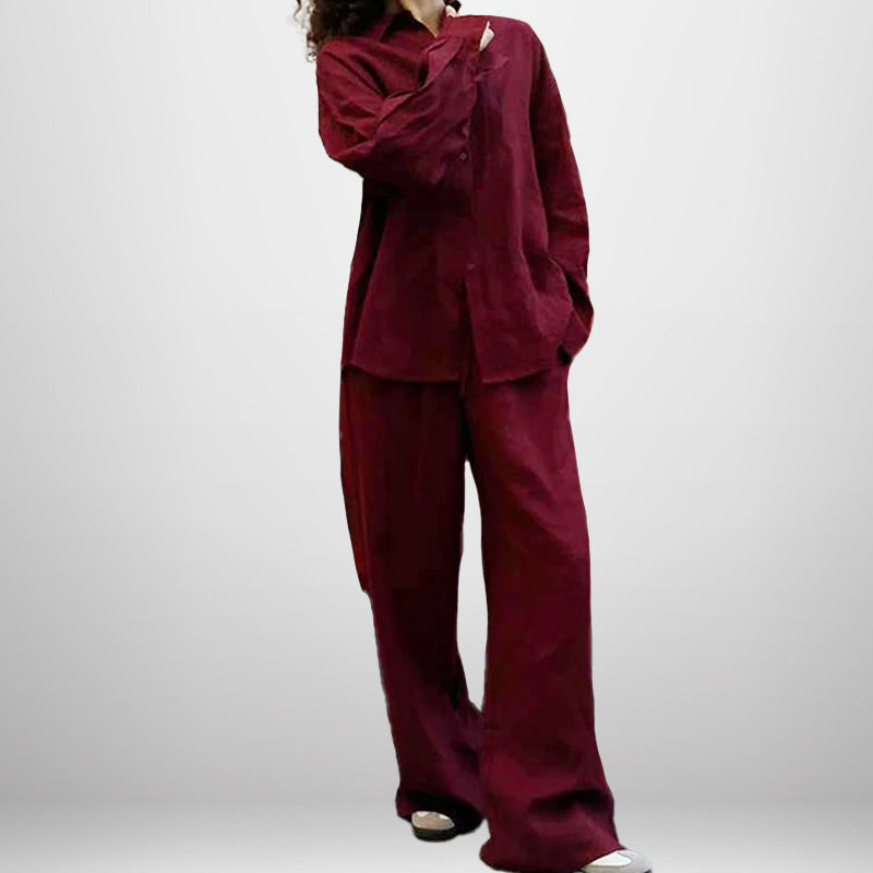 Cross-border Europe and the United States 2025 summer new cotton and linen suit women's fashion solid color loose casual trousers two-piece set