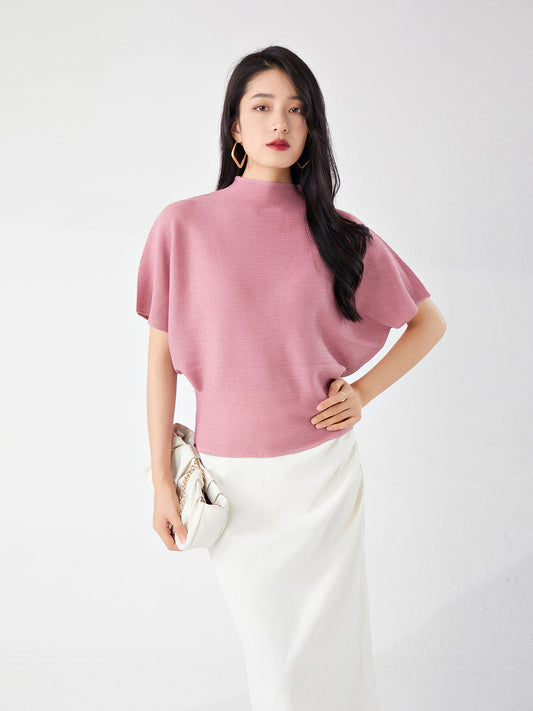 褶皱t恤宽松女高级感蝙蝠袖遮肉显瘦粉红色气质通勤百搭套头上衣