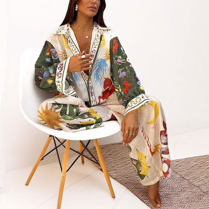 Cross-border European and American Clothing 2026 Suit New Casual Print V-Neck Shirt Wide-Leg Pants Women's Spring Suit Women's Spring Suit Women