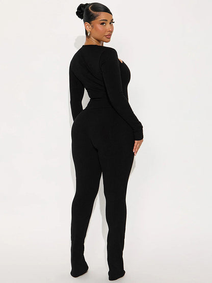 Foreign trade autumn and winter new European and beautiful clothing fashion slanted collar off-the-shoulder solid color base top high-waisted skinny trouser suit