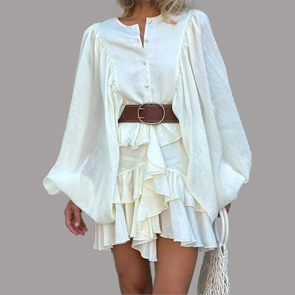 Simple casual style solid color cascading ruffled lantern long sleeve dress women's 2025 Amazon summer new style | Ciaura