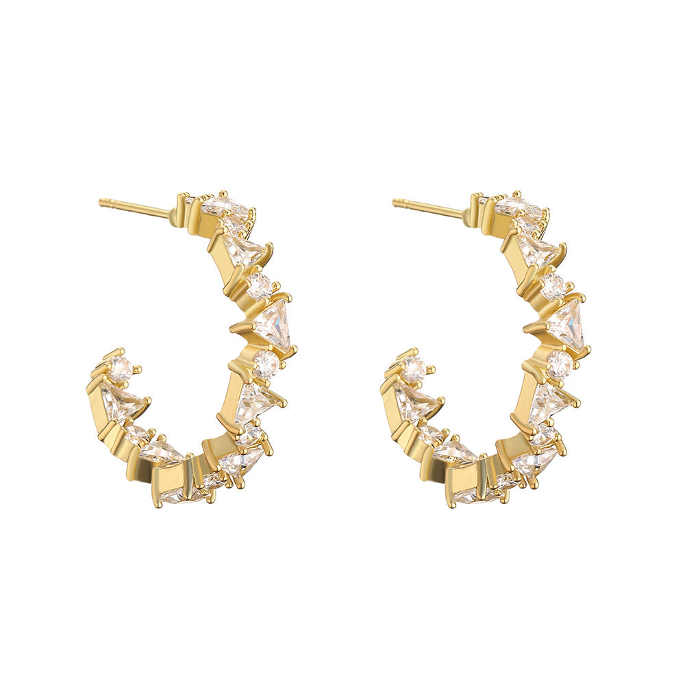 Fashionable commuting niche, high-end versatile C-shaped earrings, simple sweet and cool gemstone square zircon earrings, earrings for women