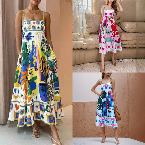 2026 AliExpress Spring European Beauty Clothing New Temperament Elegant High-Waisted Printed Suspender Casual Fashion Dress
