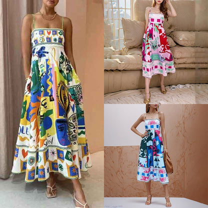 2026 AliExpress Spring European Beauty Clothing New Temperament Elegant High-Waisted Printed Suspender Casual Fashion Dress