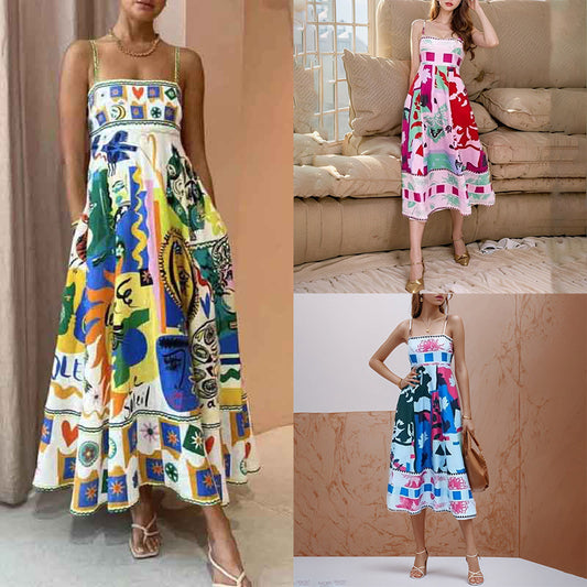 Elegante vestido casual de cintura subida com estampado e alças, da coleção Primavera 2026 da AliExpress, com um toque europeu de sofisticação.