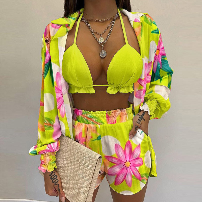2026 Amazon AliExpress independent station new sexy European and beautiful solid color shorts fashion three-piece set