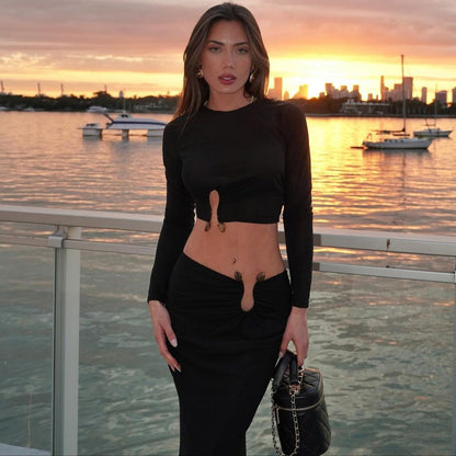 Cross-border European and American women's autumn and winter new temperament solid color crop top sexy waist and hip skirt suit for women