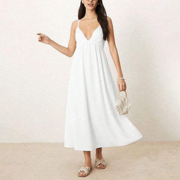 Spring new European and American cross-border women's temperament, sexy backless sleeveless solid color V-neck sundress, large swing dress