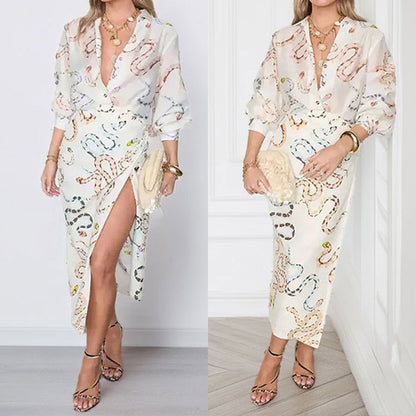 2026 foreign trade European and American new women's clothing elegant snake print shirt long sleeve slit skirt loose suit