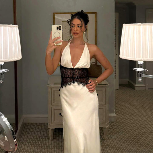 Vestido feminino sexy com decote profundo em V nas costas, sem renda, transparente e corte justo, ideal para o verão de 2025, uma novidade europeia e elegante.