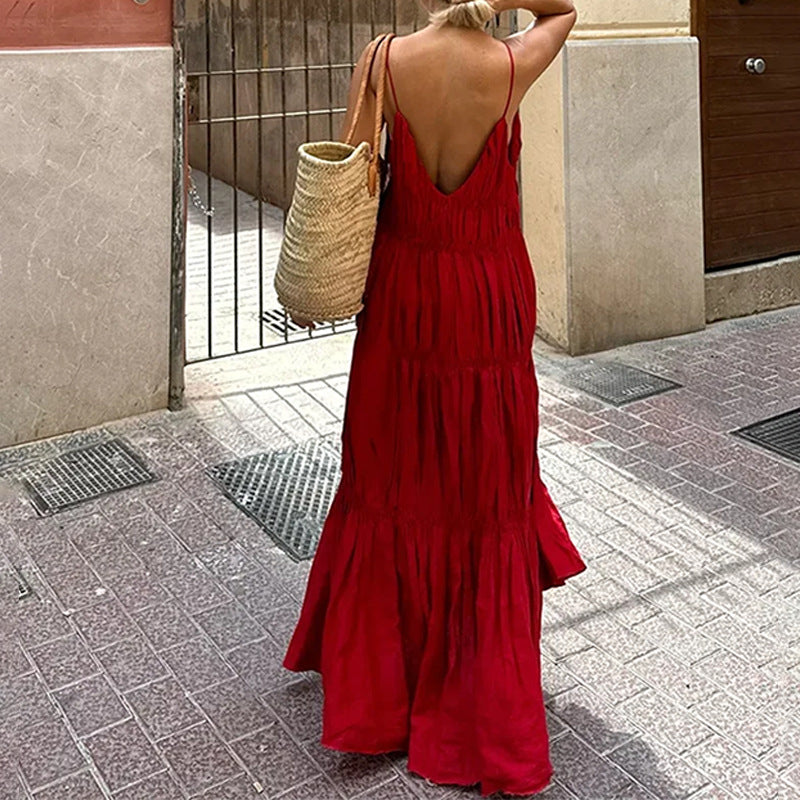 2025 independent station new cross-border European and American women's clothing temperament elegant and fashionable solid color casual suspender long dress