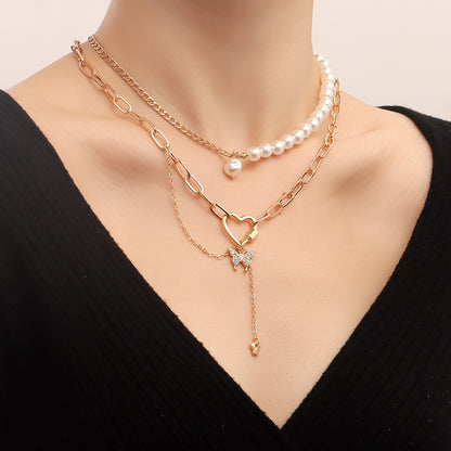 Pastoral Retro Geometric Love Butterfly Combo Necklace European and American French elegant imitation pearl beaded chain necklace
