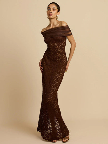 Cross-border wholesale autumn new women's clothing sexy lace one-shoulder see-through slit slim hip wrapping dress for women