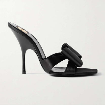 WO Huizhou 2026 new bow European and American black versatile square toe temperament wears open-toe high-heeled slippers outside