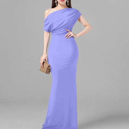 2025 Summer Amazon Cross-border European and American Fashion New Temperament Elegant and Fashionable Solid Color Hip Wrapping Slanted Shoulder Dress