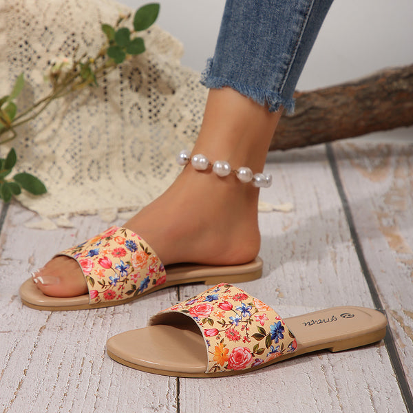 Cross-border European size women's slippers, elegant versatile floral print, decorative round toe flat sole, lightweight for cross-border European and American shoes