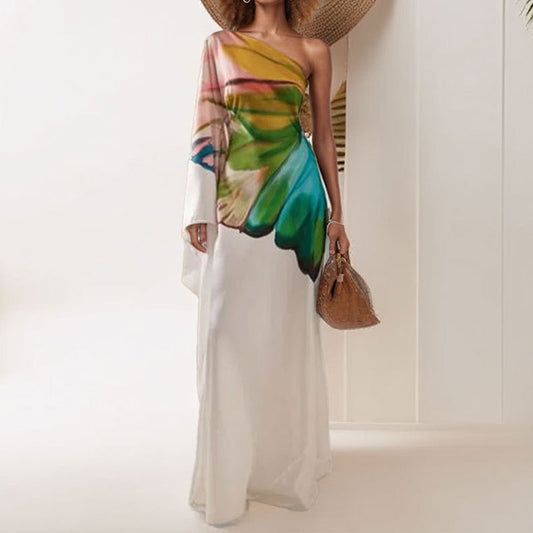 Spring 2026 new cross-border European beauty clothing temperament elegant printed Greek-style one-shoulder slit long dress